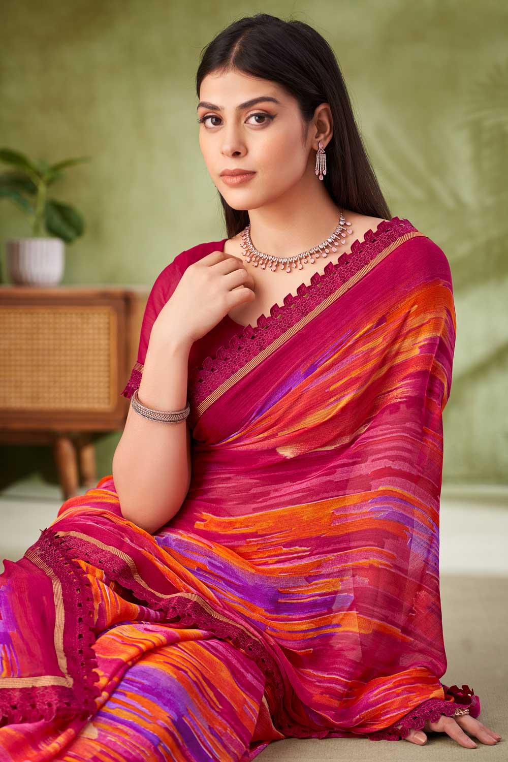 Amazing Magenta Color Chiffon Fabric Printed Saree