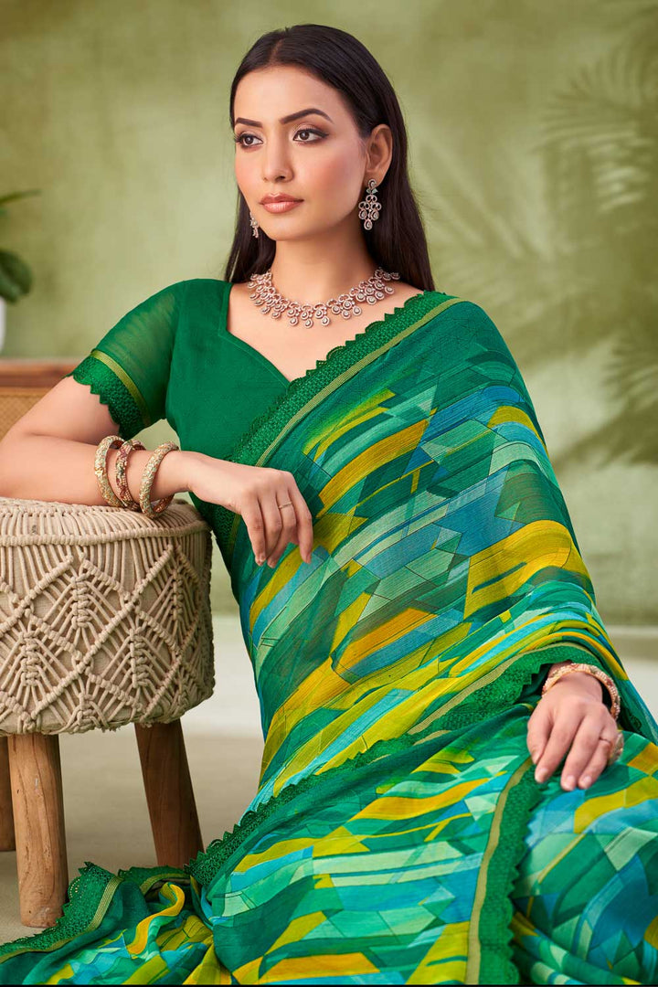 Solid Chiffon Fabric Printed Saree In Green Color
