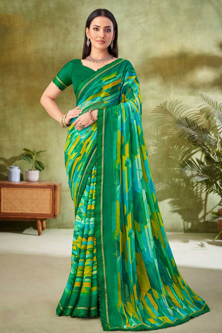 Solid Chiffon Fabric Printed Saree In Green Color