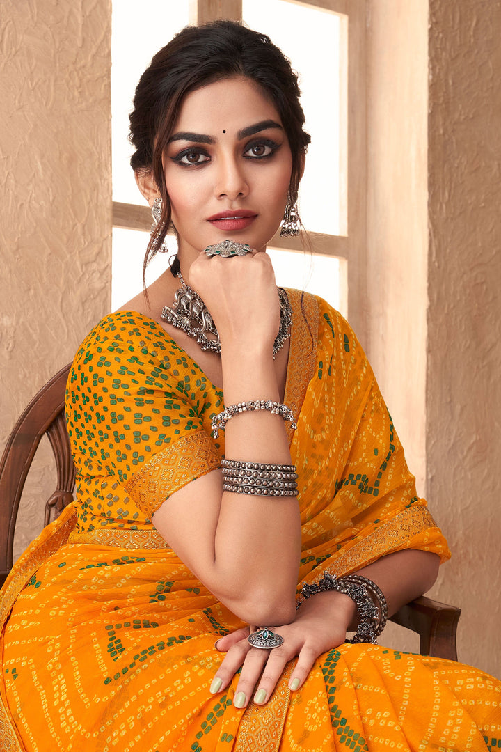 Bandhani Printed Attached Banarasi Border Yellow Chiffon Saree