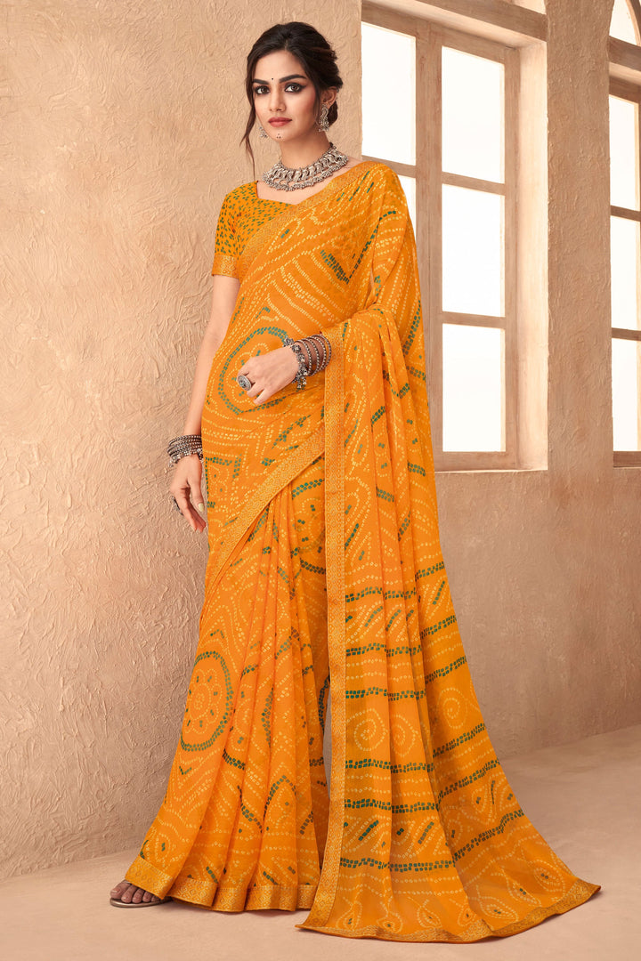 Bandhani Printed Attached Banarasi Border Yellow Chiffon Saree