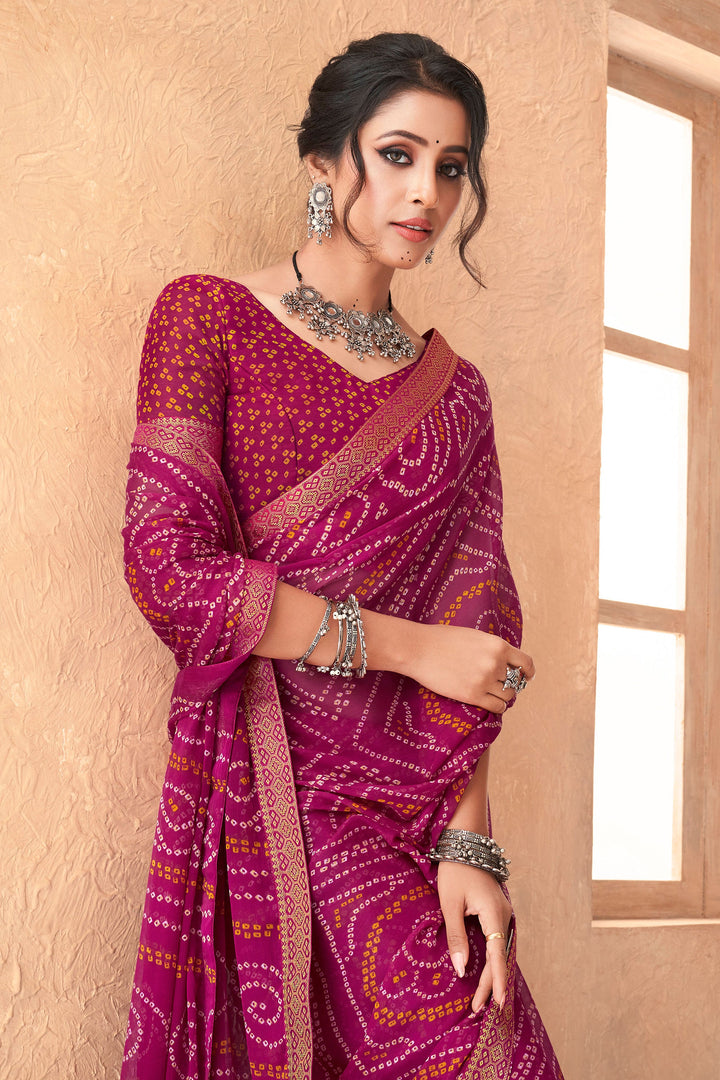 Bandhani Printed Attached Banarasi Border In Magenta Color
