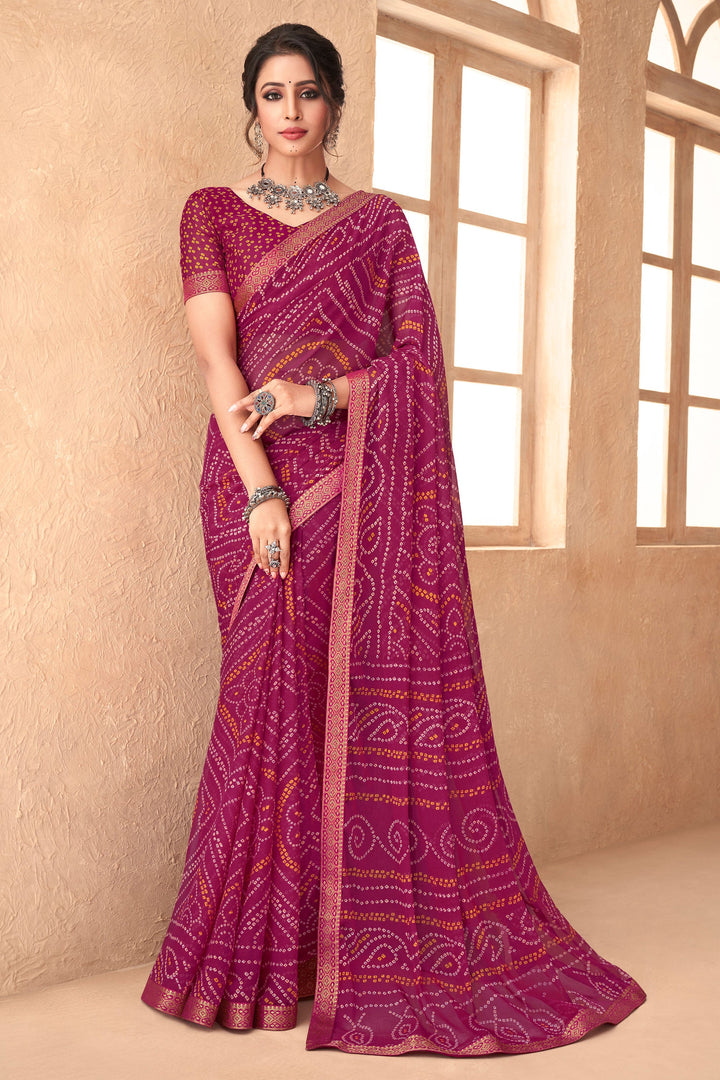 Bandhani Printed Attached Banarasi Border In Magenta Color