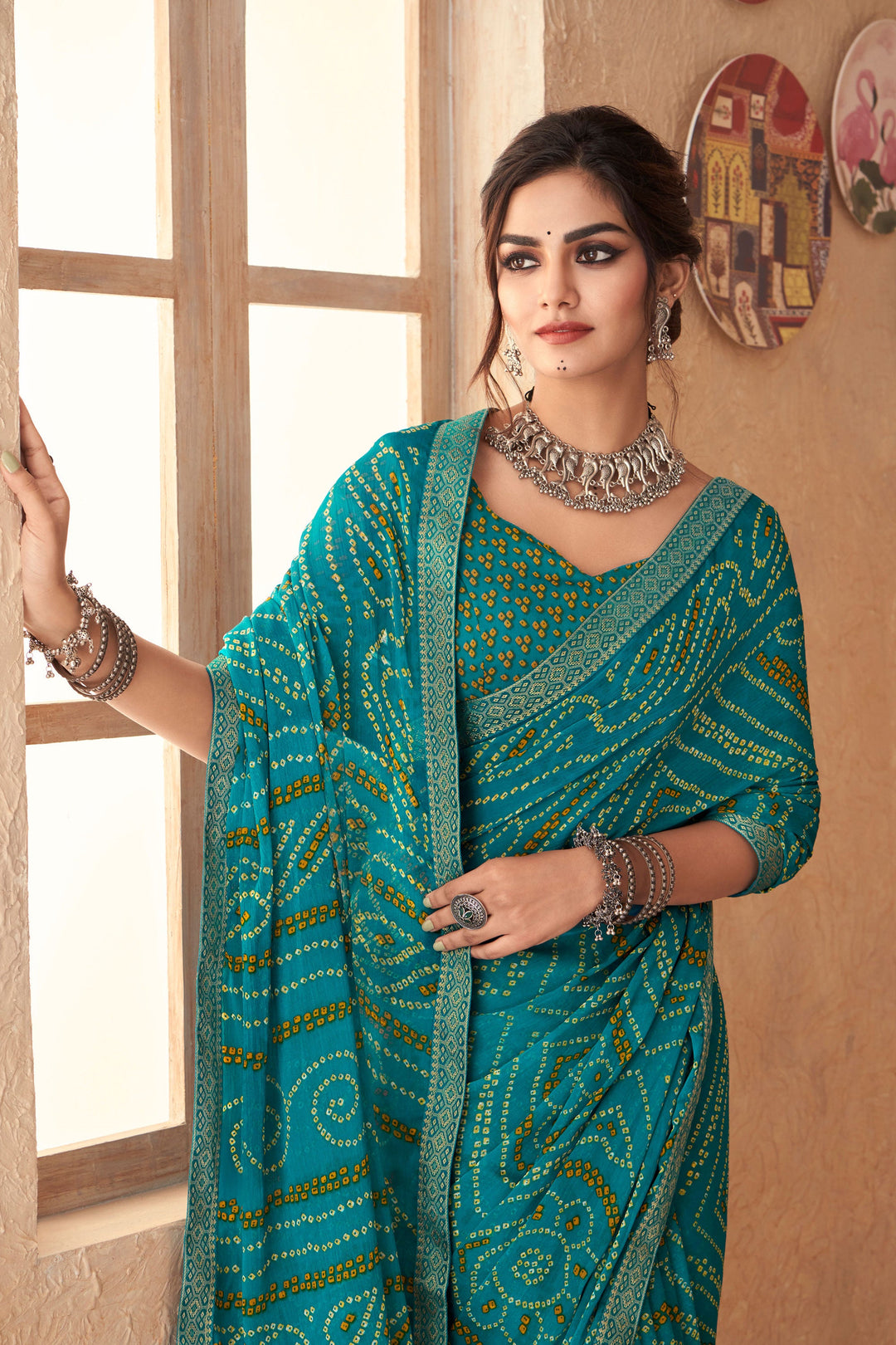 Teal Color Bandhani Printed Attached Banarasi Border Saree