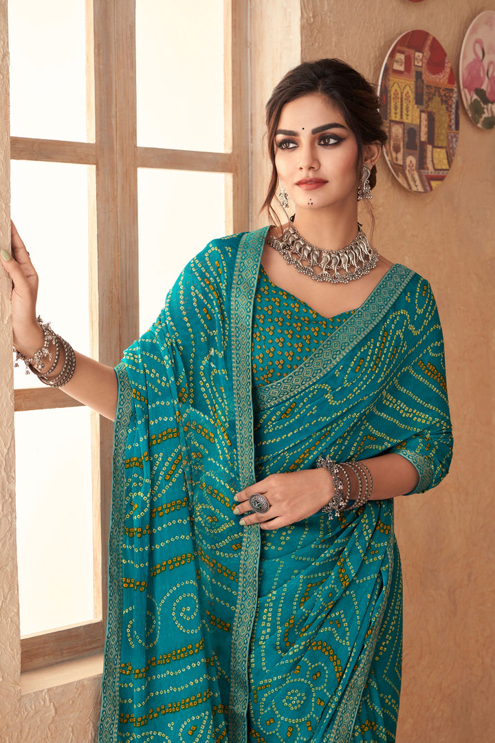 Teal Color Bandhani Printed Attached Banarasi Border Saree