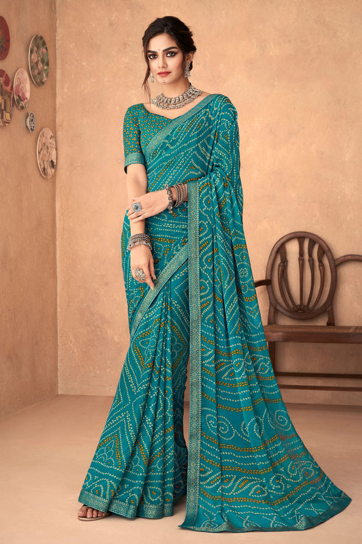 Teal Color Bandhani Printed Attached Banarasi Border Saree