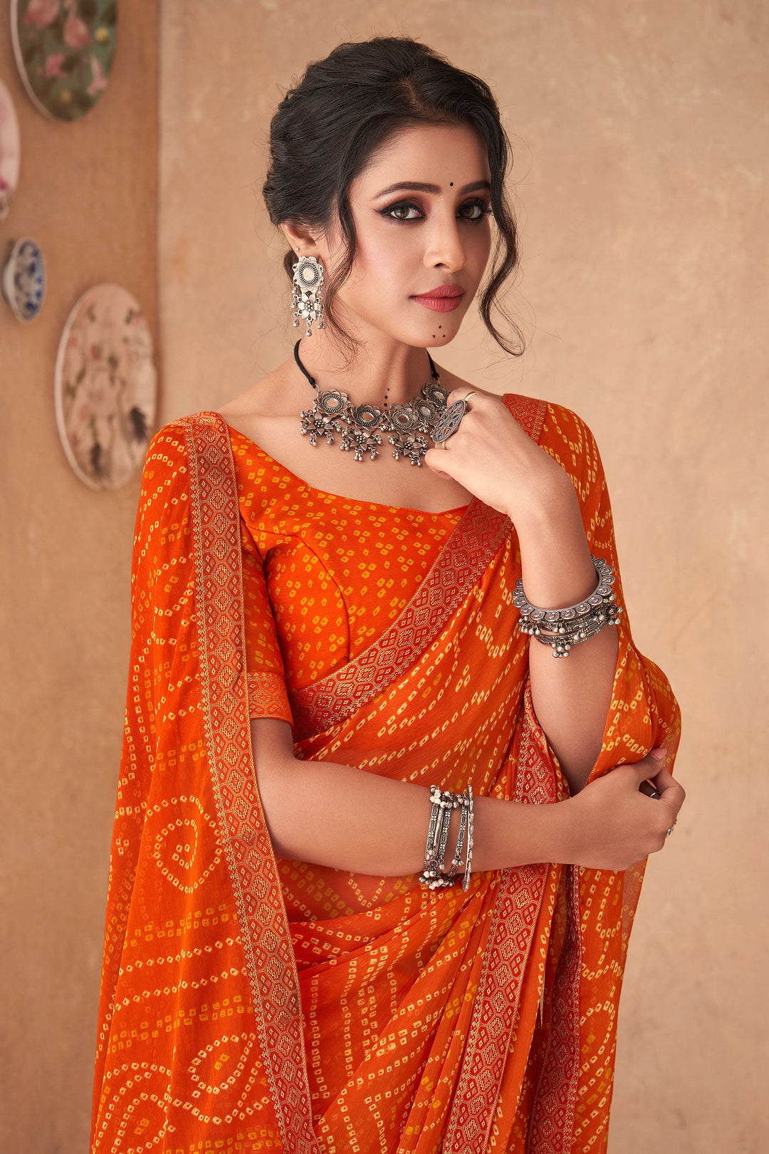 Orange Color Bandhani Printed Attached Banarasi Border Saree | Buy Online India