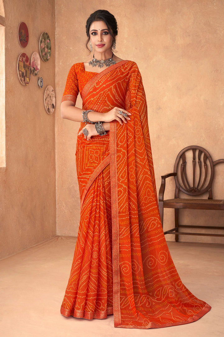 Orange Color Bandhani Printed Attached Banarasi Border Saree | Buy Online India