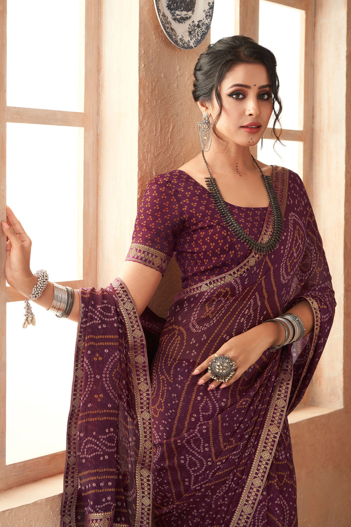 Bandhani Printed Attached Banarasi Border Saree In Wine Color