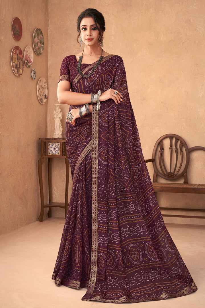 Bandhani Printed Attached Banarasi Border Saree In Wine Color