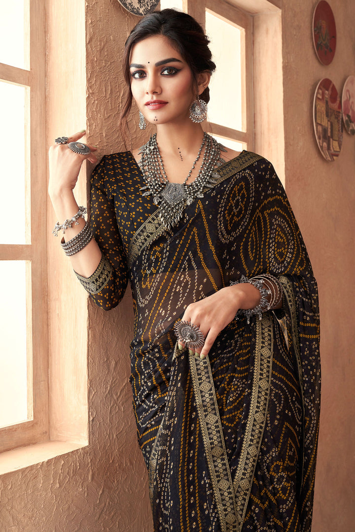 Black Color Bandhani Printed Attached Banarasi Border Chiffon Saree