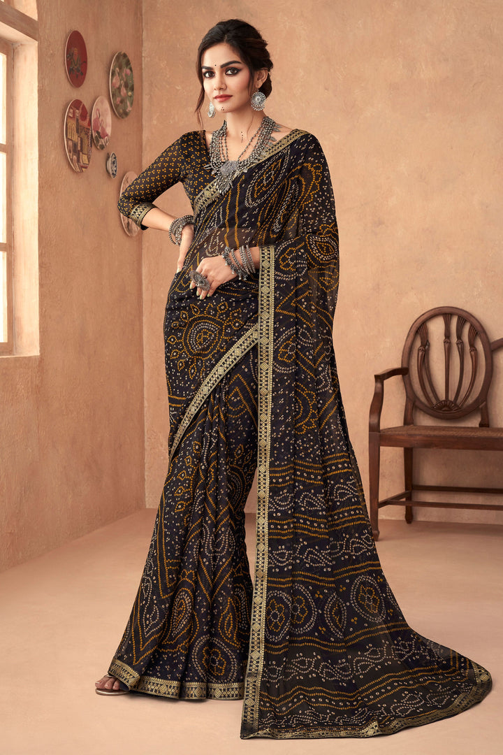 Black Color Bandhani Printed Attached Banarasi Border Chiffon Saree