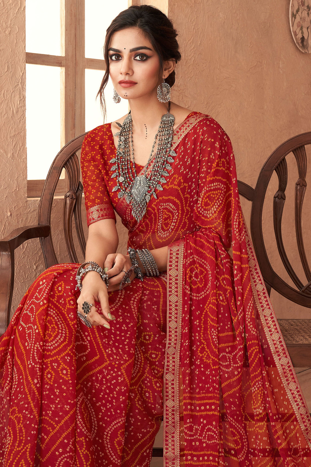 Chiffon Fabric Red Bandhani Printed Attached Banarasi Border Saree