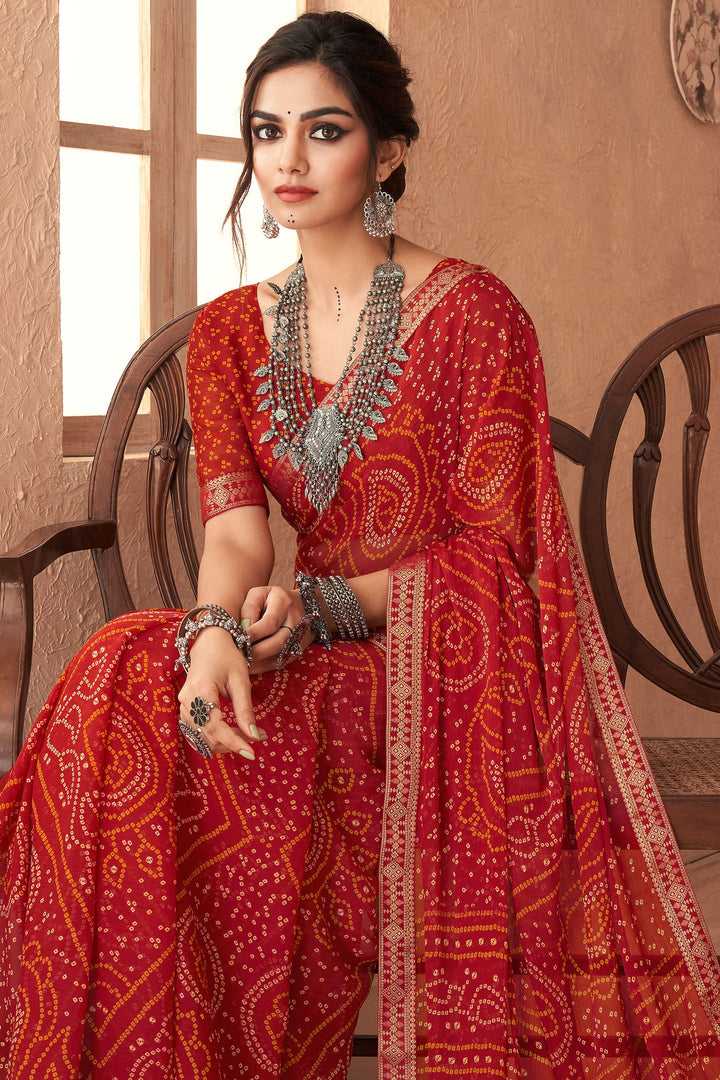 Chiffon Fabric Red Bandhani Printed Attached Banarasi Border Saree