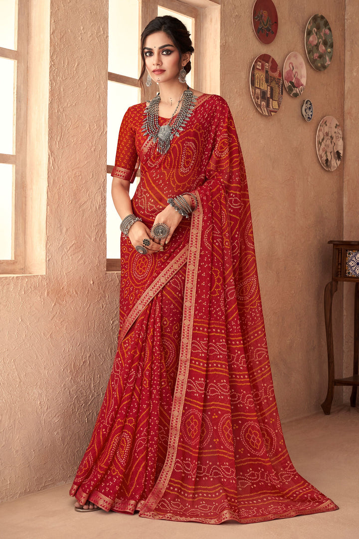Chiffon Fabric Red Bandhani Printed Attached Banarasi Border Saree