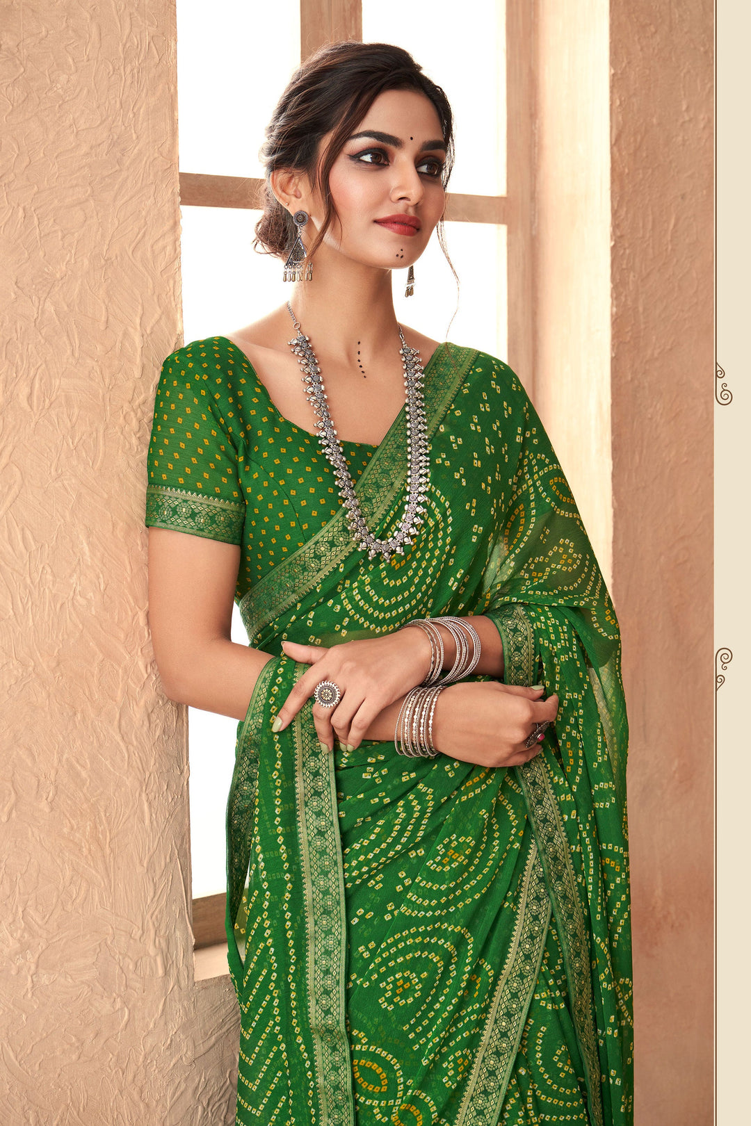 Green Chiffon Bandhani Printed Attached Banarasi Border Saree
