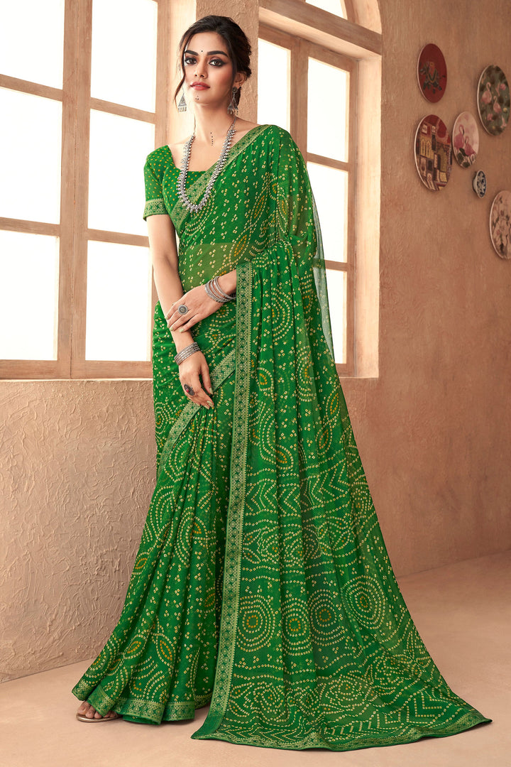 Green Chiffon Bandhani Printed Attached Banarasi Border Saree