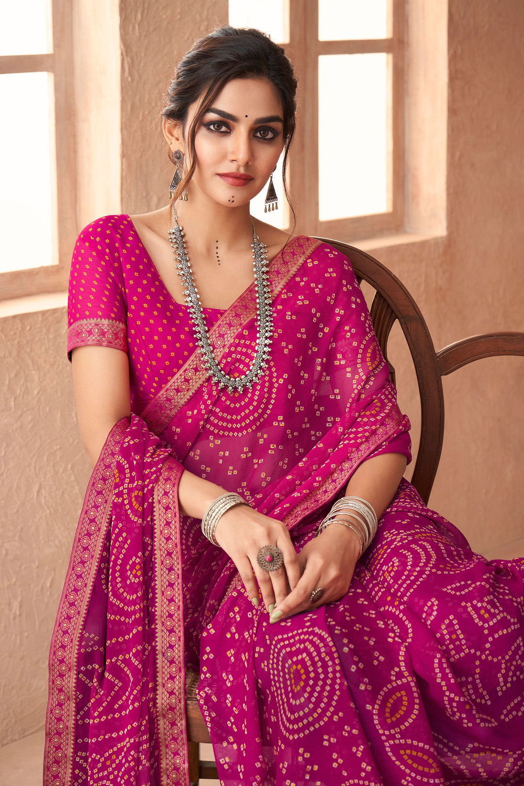 Rani Color Bandhani Printed Attached Banarasi Border Chiffon Saree