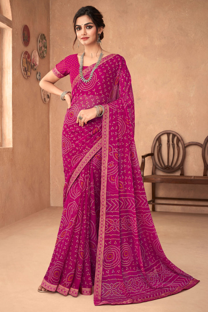 Rani Color Bandhani Printed Attached Banarasi Border Chiffon Saree