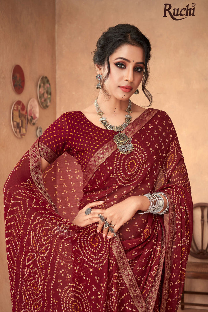 Maroon Color Chiffon Bandhani Printed Attached Banarasi Border Saree