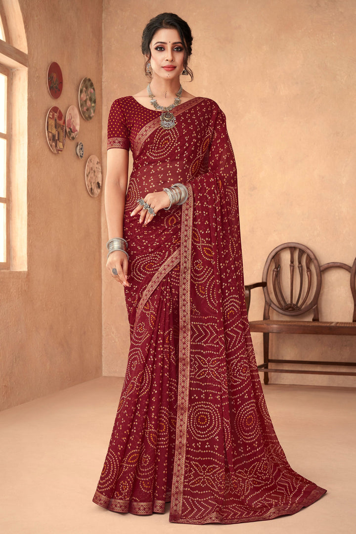 Maroon Color Chiffon Bandhani Printed Attached Banarasi Border Saree