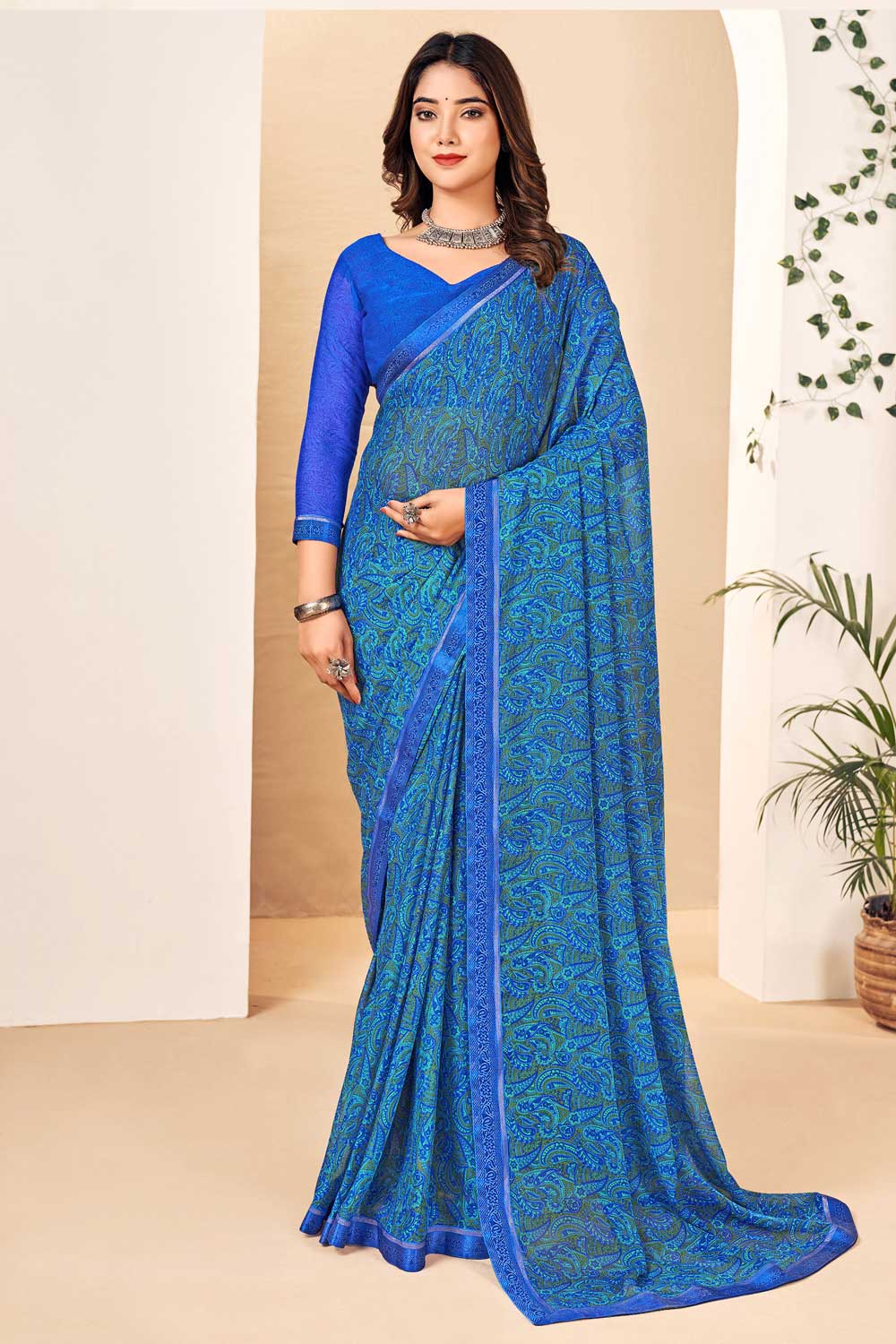 Radiant Blue Color Chiffon Saree