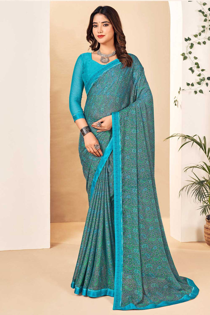 Incredible Cyan Color Chiffon Saree | Buy Online India