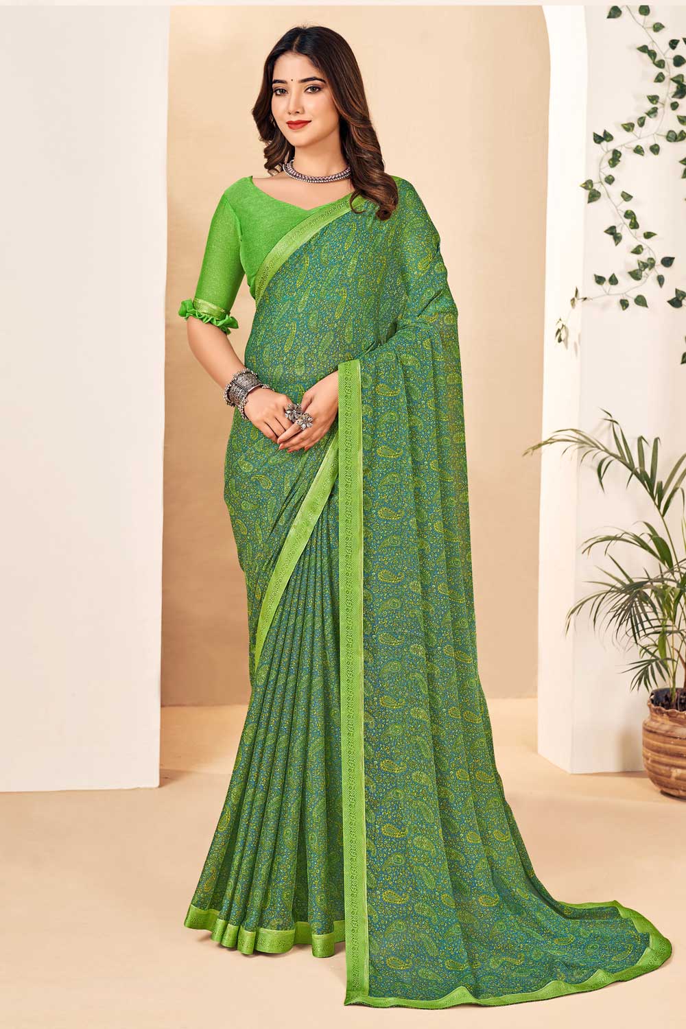 Engaging Green Color Chiffon Saree