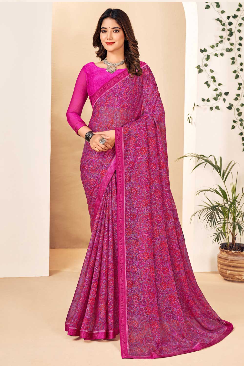 Trendy Pink Color Chiffon Saree