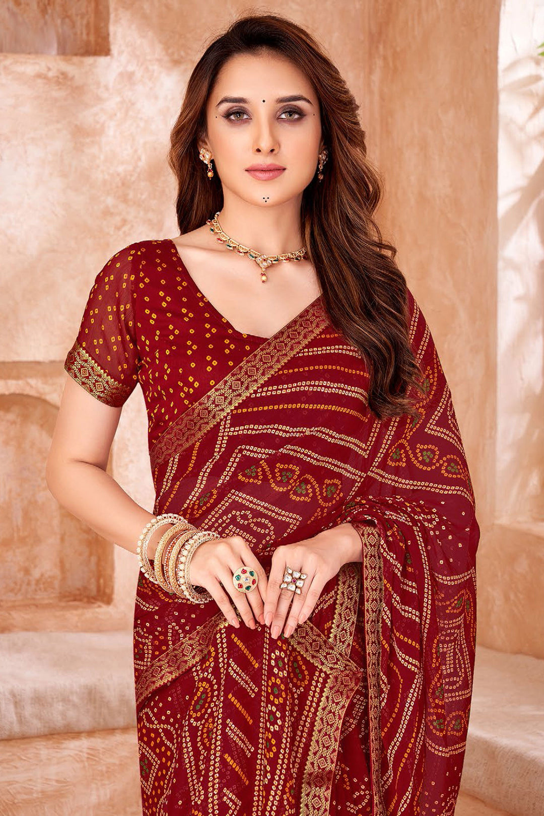 Red Color Bandhani Printed Chiffon Fabric Saree