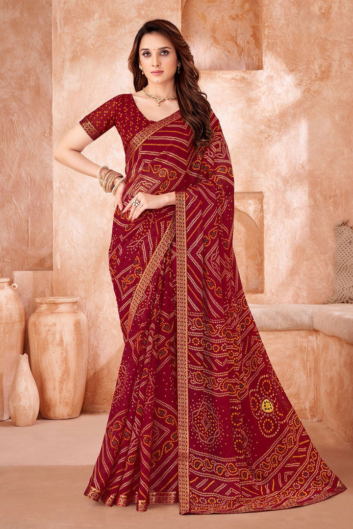 Red Color Bandhani Printed Chiffon Fabric Saree