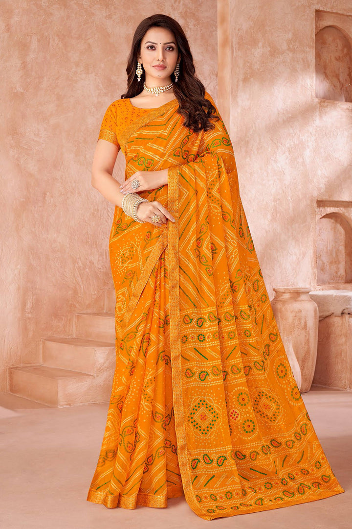 Festive Wear Bandhani Printed Saree In Yellow Color