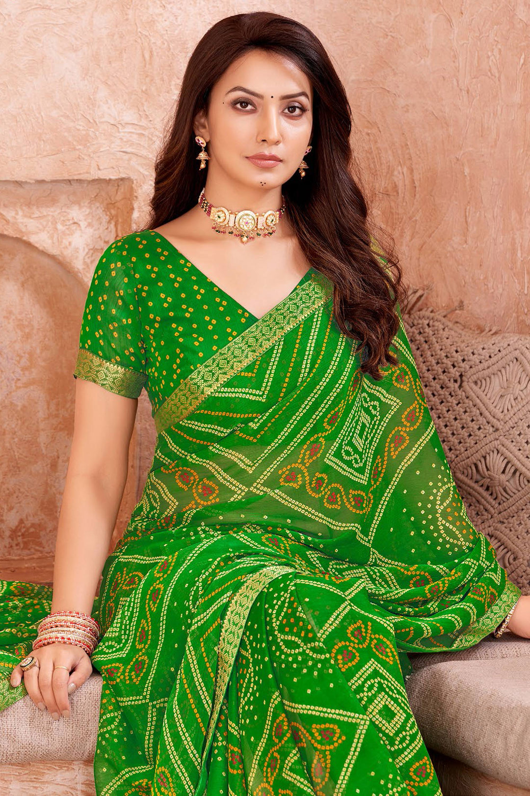 Green Color Bandhani Printed Chiffon Saree