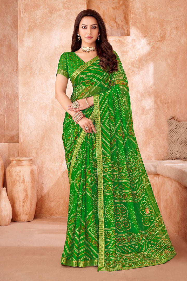 Green Color Bandhani Printed Chiffon Saree