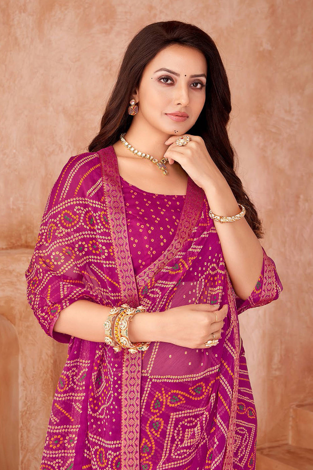 Magenta Color Bandhani Printed Chiffon Fabric Saree