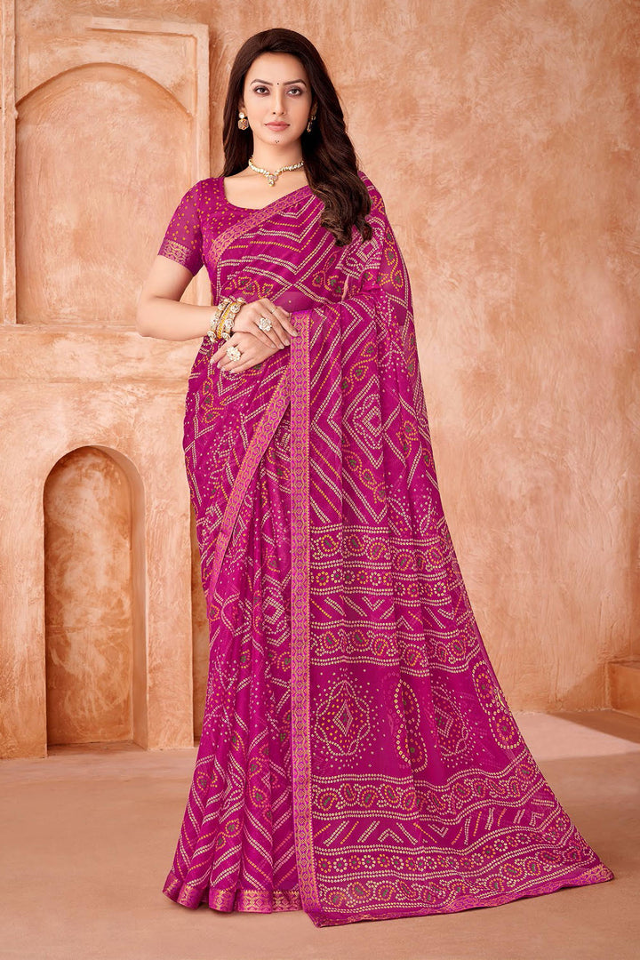 Magenta Color Bandhani Printed Chiffon Fabric Saree