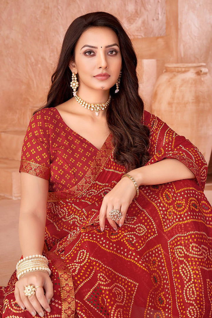 Bandhani Printed Chiffon Saree In Red Color