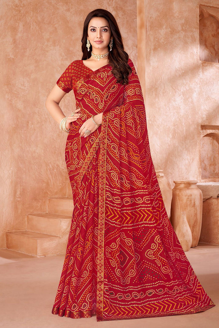 Bandhani Printed Chiffon Saree In Red Color