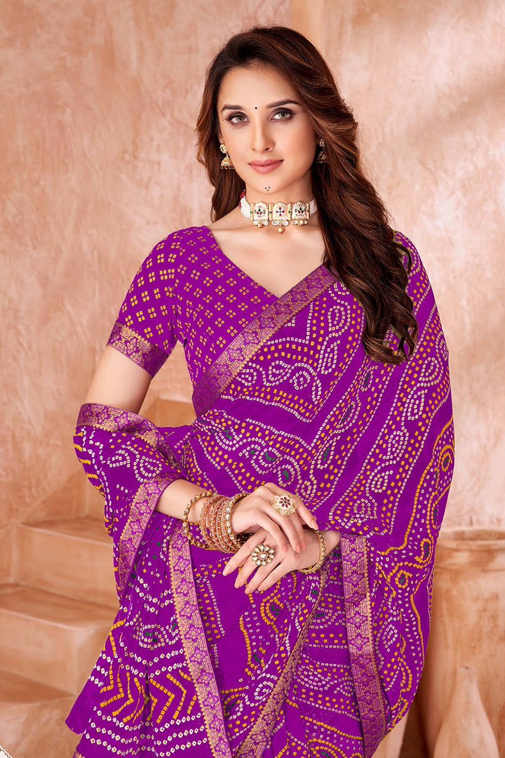 Chiffon Fabric Purple Color Bandhani Printed Saree