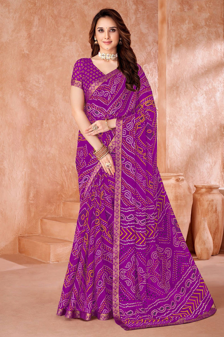 Chiffon Fabric Purple Color Bandhani Printed Saree