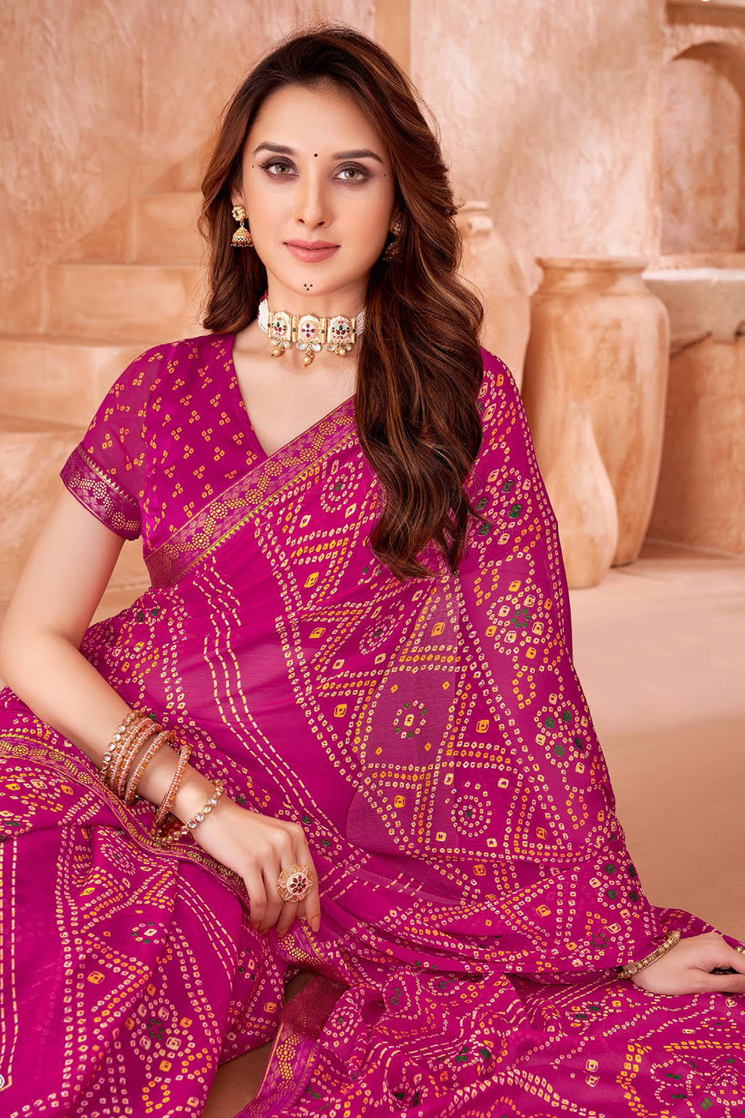 Magenta Color Chiffon Fabric Bandhani Printed Saree