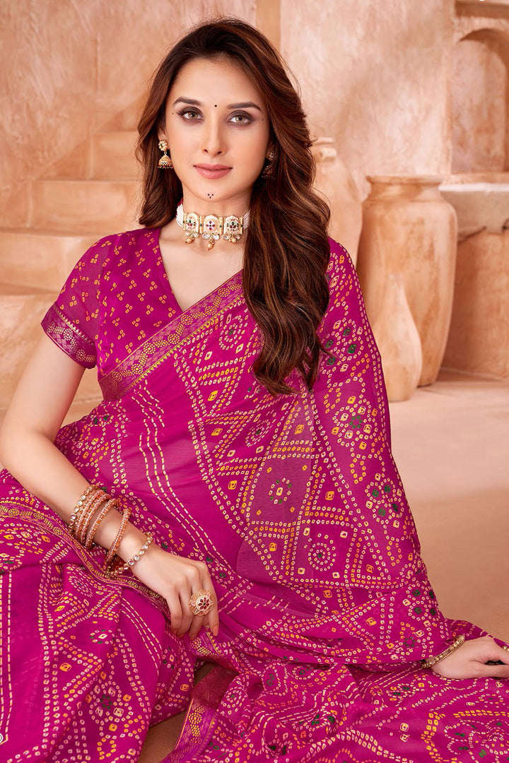 Magenta Color Chiffon Fabric Bandhani Printed Saree
