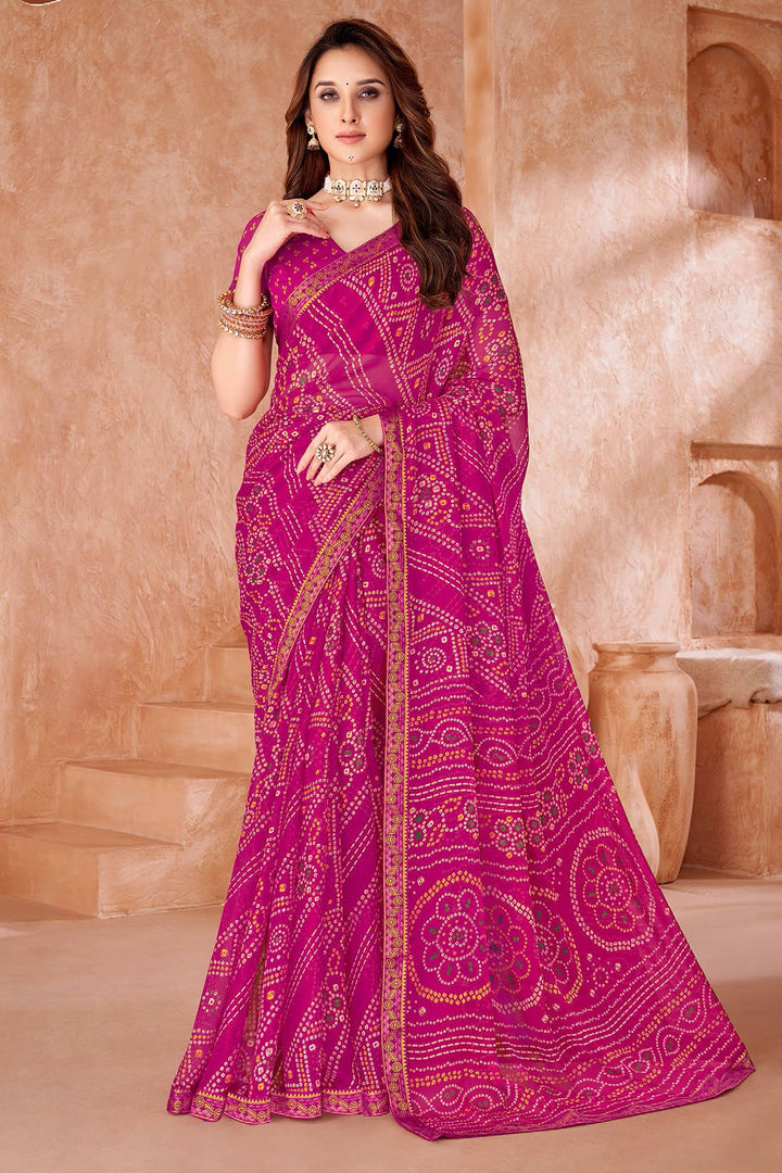 Magenta Color Chiffon Fabric Bandhani Printed Saree