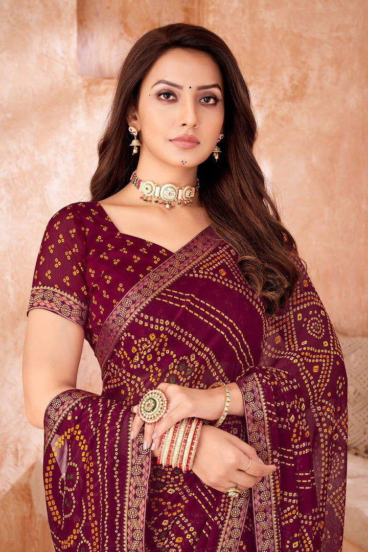 Maroon Color Bandhani Printed Chiffon Fabric Saree