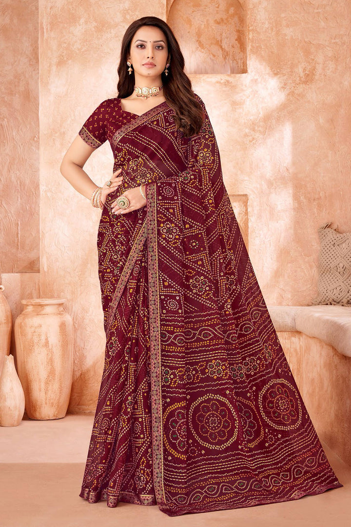 Maroon Color Bandhani Printed Chiffon Fabric Saree