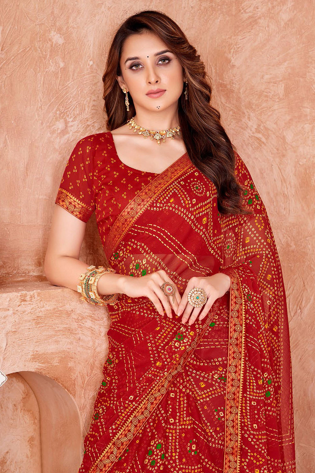 Red Color Chiffon Fabric Bandhani Printed Saree