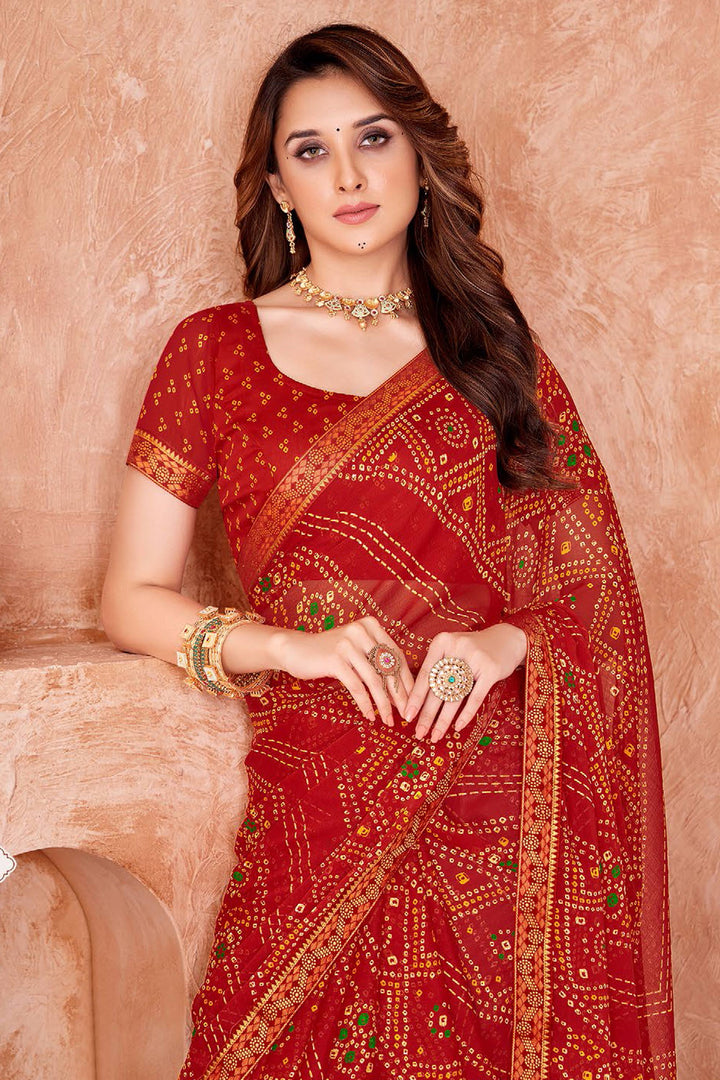 Red Color Chiffon Fabric Bandhani Printed Saree