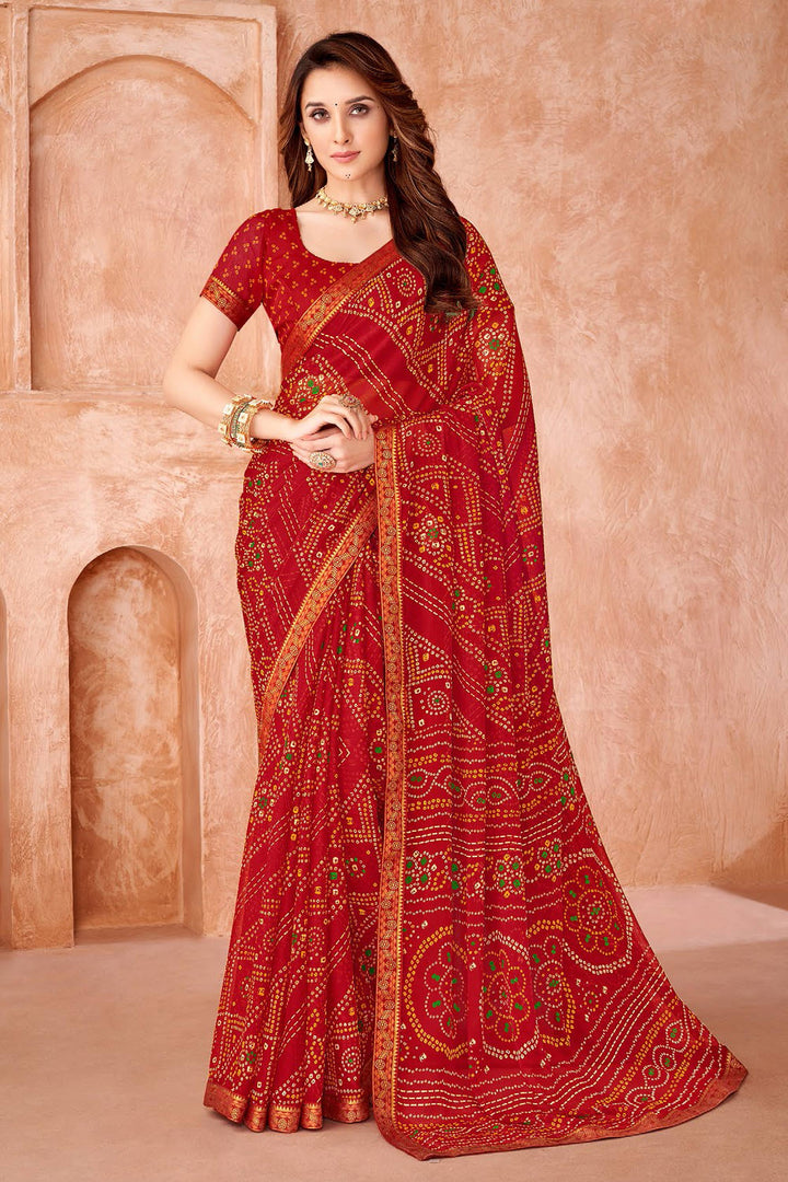 Red Color Chiffon Fabric Bandhani Printed Saree