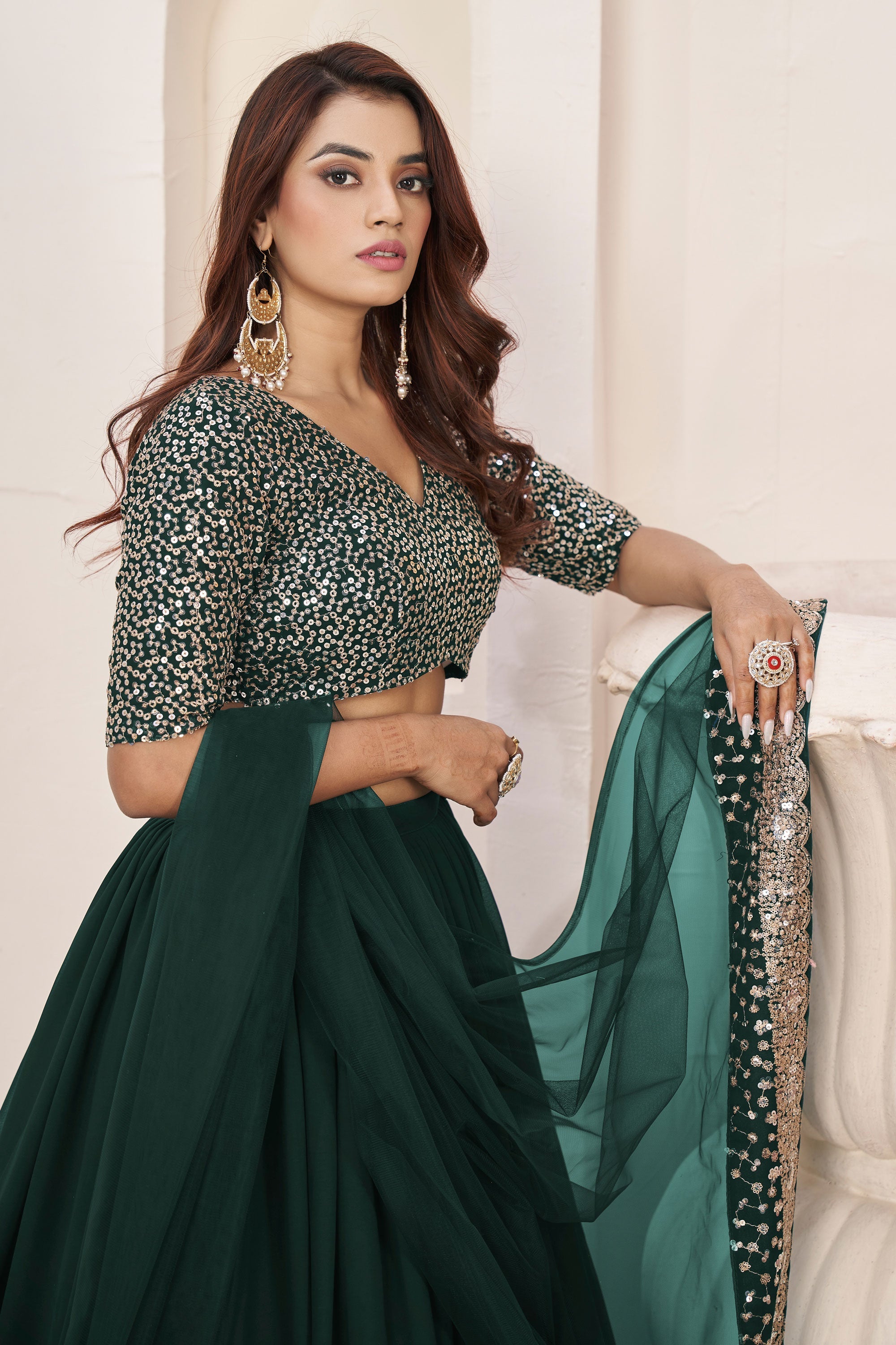 Stylish Sequins Design Georgette Green Color Lehenga For Function