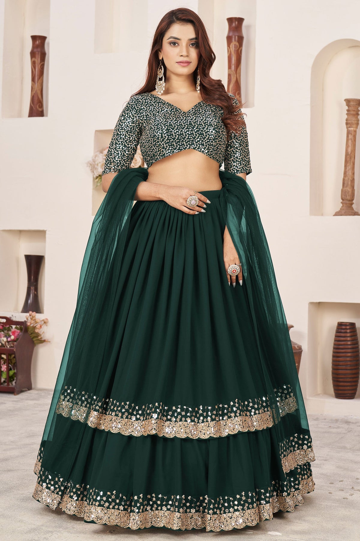 Stylish Sequins Design Georgette Green Color Lehenga For Function